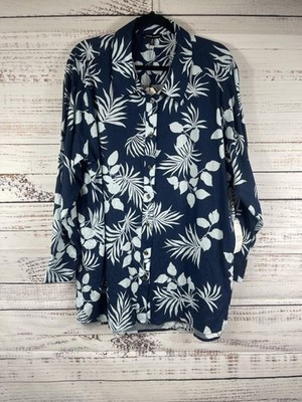 Universal Standard Shirt Womens M Blue Tropical Floral Button Front Tunic Top